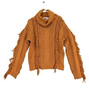 Hyfve Women's L‎ Gold Chunky Cable Knit Turtleneck Fringe Sweater Western Boho